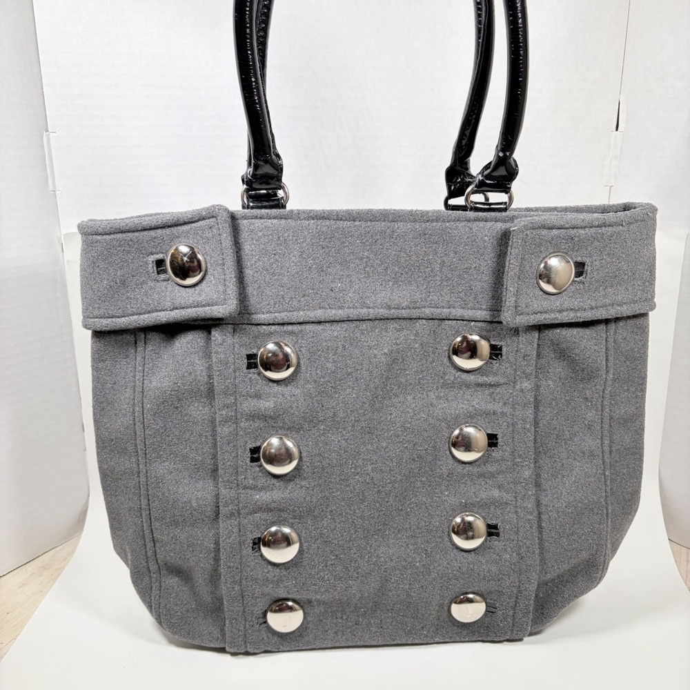 Braciano Grey Military Button Wool Style Tote Bag Patent Trim Silver Hardware